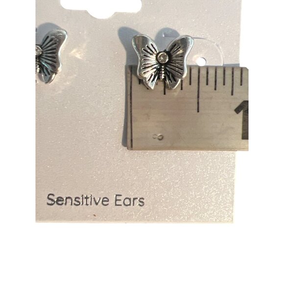 Lori's Gifts 3 Pair Silver Tone Earrings Hoops Studs Butterfly Rhinestone NEW - Picture 5 of 6